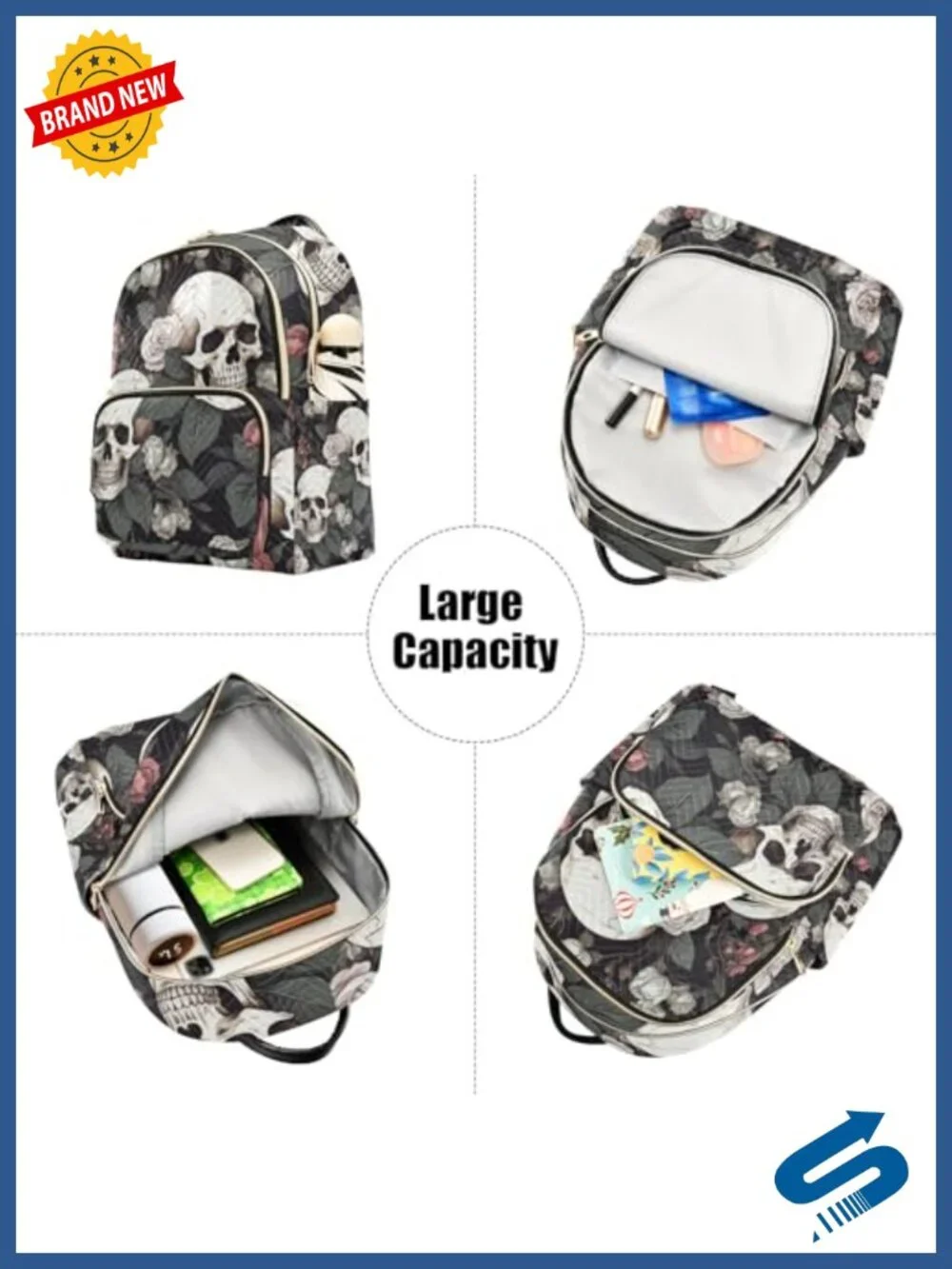 ALA White Skull Rose Flowers Nylon Small Backpack Purse Lightweight Travel